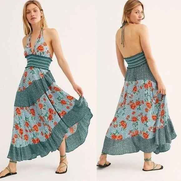 Free people intimately Gabriela maxi floral boho halter dress size large - Picture 2 of 7